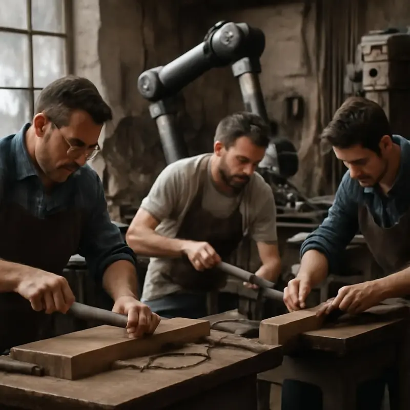 Robotização Personalizada: A revolução artesanal nas PMEs 1 Artesãos conciliando técnicas tradicionais com tecnologia moderna.