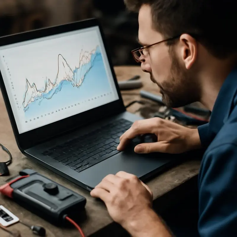 Preservar o computador portátil com a Manutenção Preditiva 1 Um técnico analisa dados de manutenção preditiva num laptop.