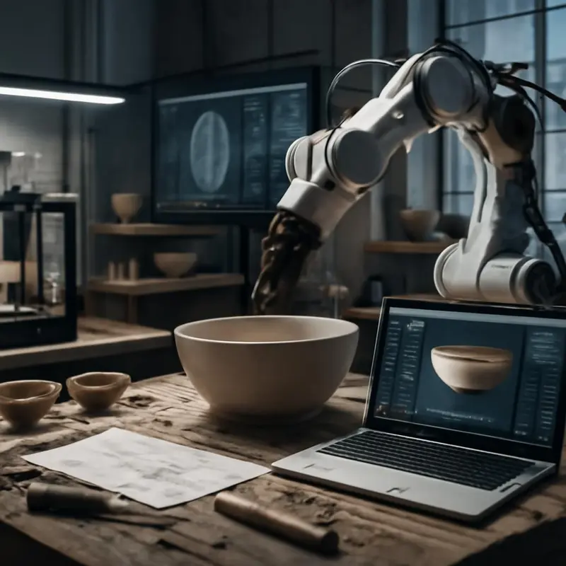 Robotização Personalizada: A revolução artesanal nas PMEs 6 Artesãos conciliando técnicas tradicionais com tecnologia moderna.