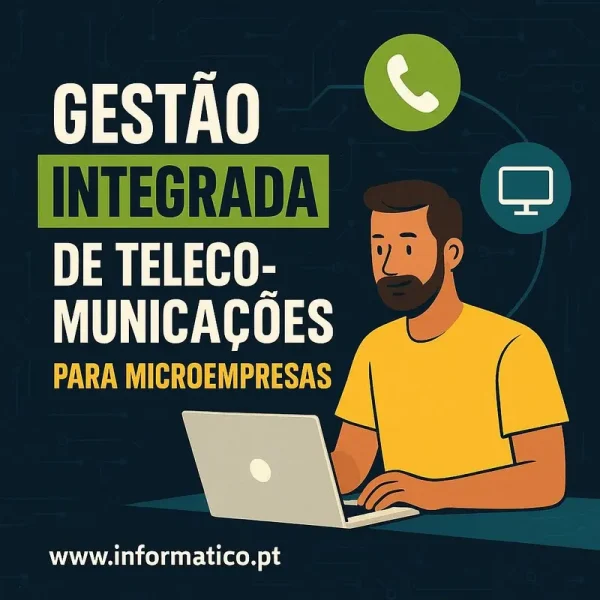 Escritório de microempresa com diversos dispositivos eletrónicos, representando conectividade.