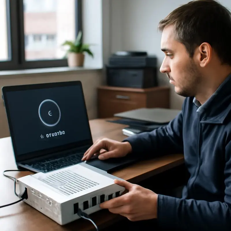 Atualização segura do Firmware dos dispositivos de telecomunicações 1 Técnico a realizar atualização de firmware em dispositivo telecom.