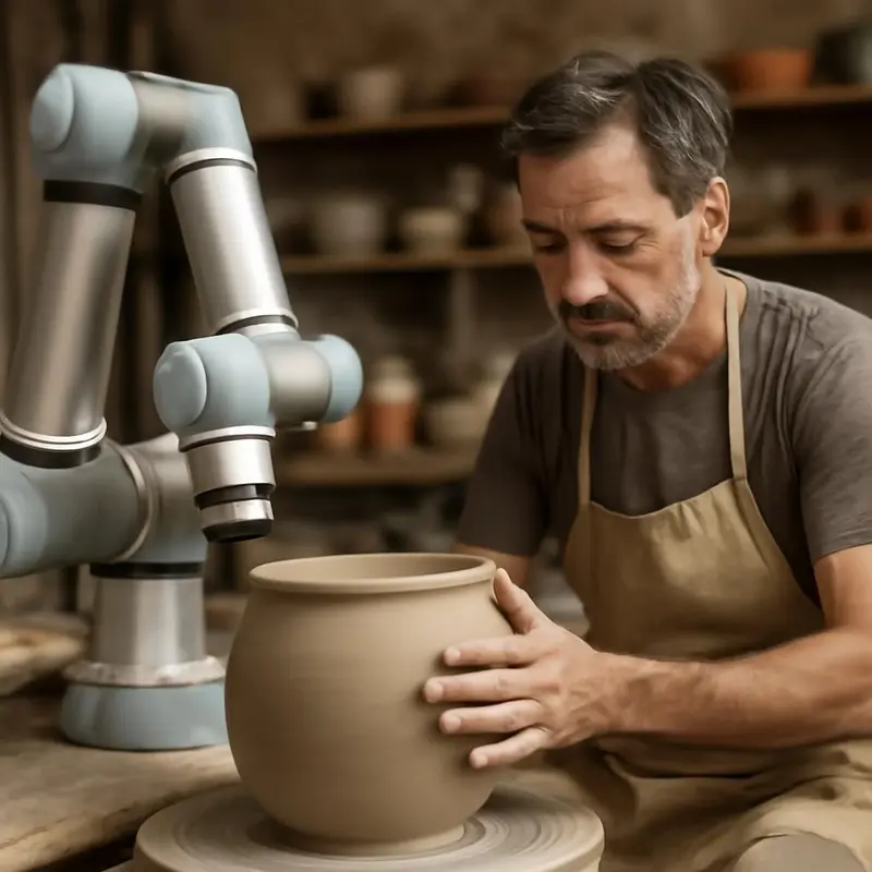 Robotização Personalizada: A revolução artesanal nas PMEs 3 Artesãos conciliando técnicas tradicionais com tecnologia moderna.