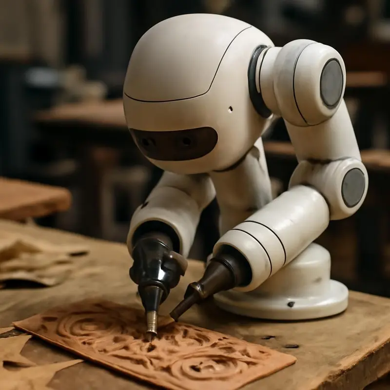 Robotização Personalizada: A revolução artesanal nas PMEs 2 Artesãos conciliando técnicas tradicionais com tecnologia moderna.