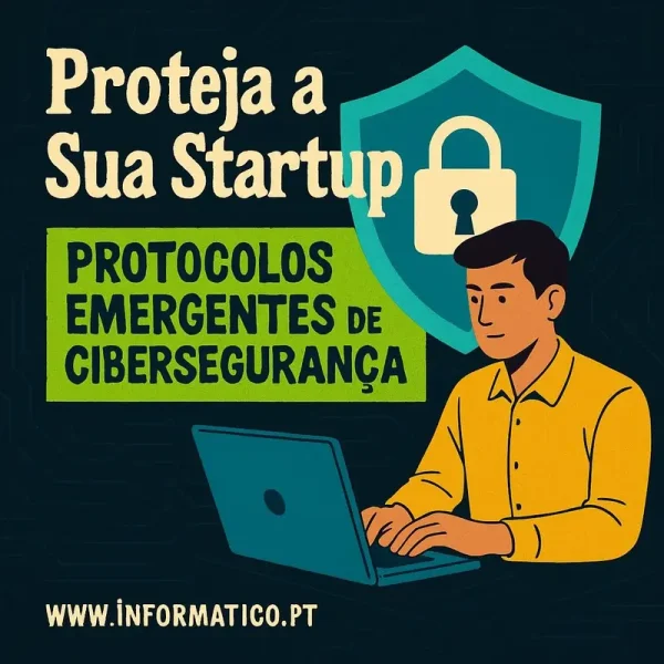 Profissionais de uma startup a implementar soluções de cibersegurança num escritório moderno.