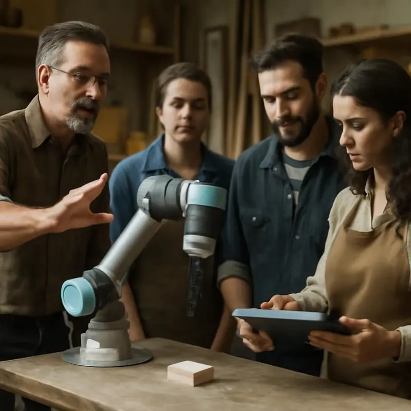 Robotização Personalizada: A revolução artesanal nas PMEs 5 Artesãos conciliando técnicas tradicionais com tecnologia moderna.