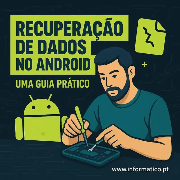 Imagem de um smartphone Android com representação de dados binários fluindo, destacando o tema de recuperação de dados.