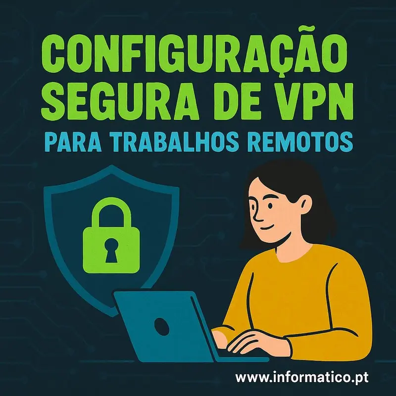 Uma configuração de escritório pitoresca com uma pessoa a trabalhar num portátil mostrando uma conexão VPN segura no ecrã.