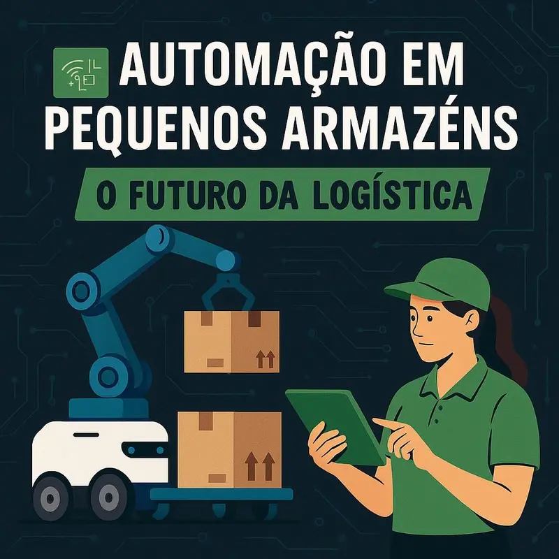 Design digital mostrando automação em pequenos armazéns com robôs e tecnologia.