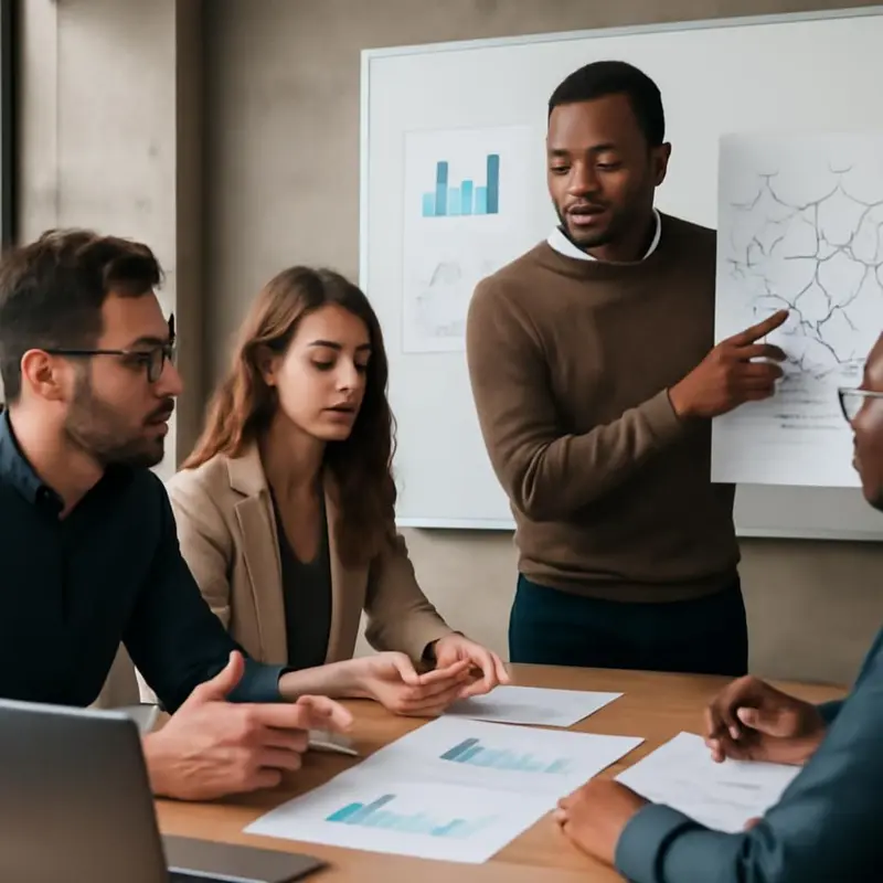 Otimização de redes 5G privadas para Pequenas Empresas 1 Profissionais discutindo necessidades de rede em ambiente corporativo.