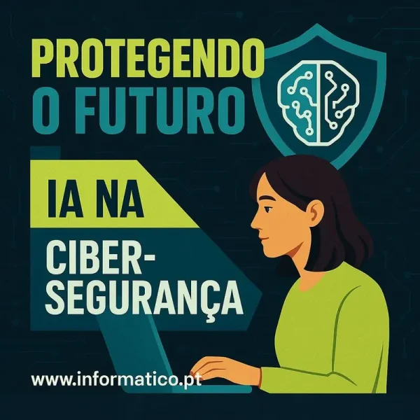 Empresários em um escritório moderno observando um sistema de cibersegurança IA.