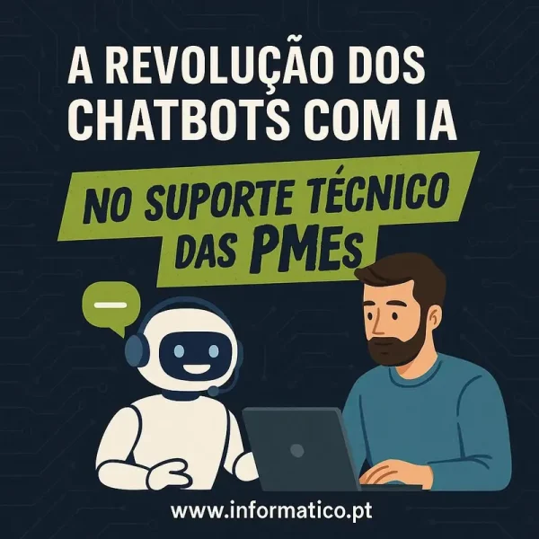 Ambiente de escritório futurista com chatbots assistindo uma equipa de suporte.