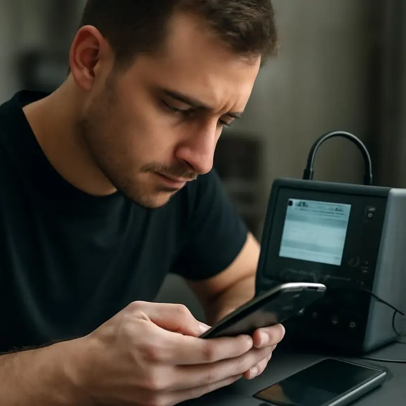 Reparação rápida de falhas de software de equipamentos móveis 1 Um técnico utilizando ferramentas de diagnóstico num smartphone.