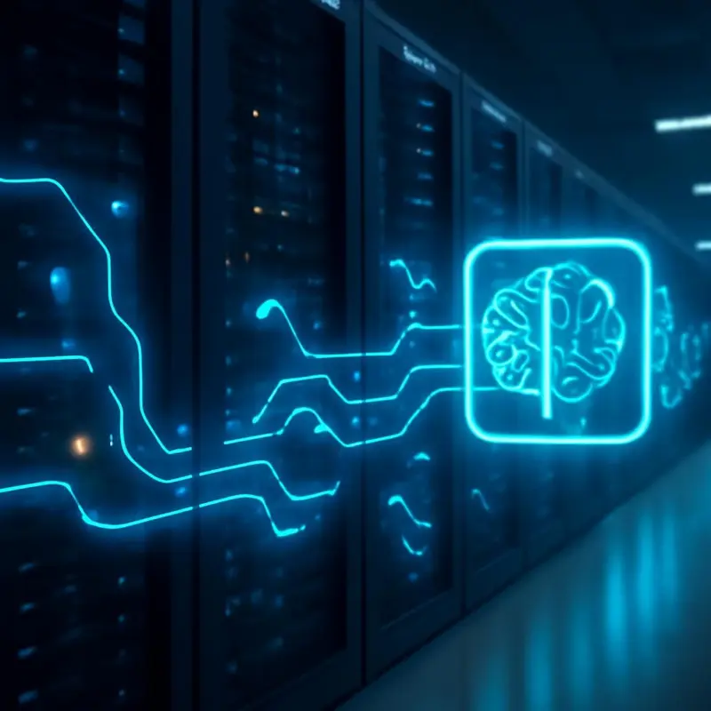 Manutenção preditiva em servidores SMB com Machine Learning 7 Ilustração de uma sala de servidores com fluxo de dados indicativo de análises preditivas.