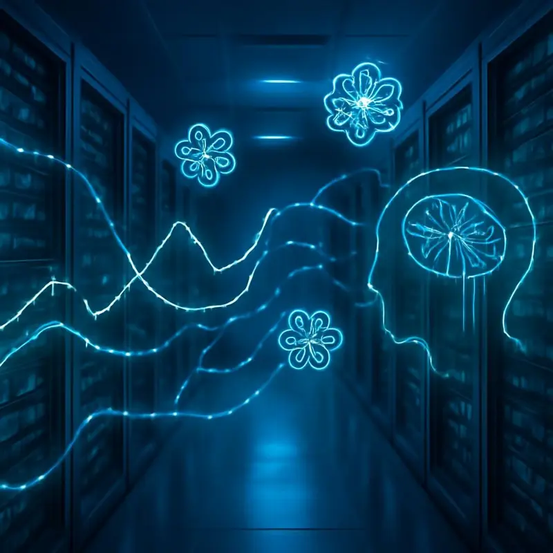 Manutenção preditiva em servidores SMB com Machine Learning 1 Ilustração de uma sala de servidores com fluxo de dados indicativo de análises preditivas.