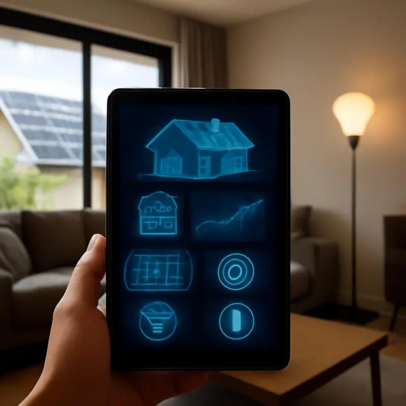 Melhore a eficiência energética da casa com a IA e Automação 1 Um painel de controlo inteligente regulando o consumo energético numa sala moderna.